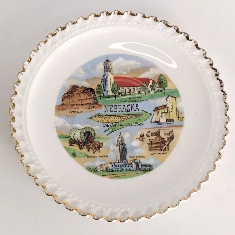 Vintage Nebraska Porcelain Cup & Saucer Set MidCentury Souvenir Cornhusker State